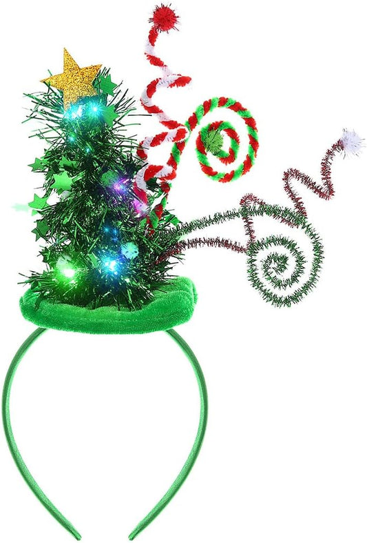 REETAN Light up Christmas Tree Headband Sparkly Elf Hair Band LED Xmas Party Headpiece Accessory for Women and Girls