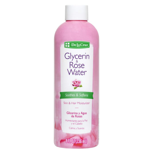 De La Cruz Rose Water and Glycerin for Face - Rosewater Facial Toner and Moisturizer for Skin and Hair 8 fl oz. (236 mL) - 1 Bottle