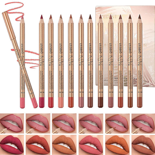 DENESTUP 12 pcs Lipstick Pencil Matte Lip Liner Set, Plump Nude Lip Shape No Smudge Longwear Non-sticky High Pigmented Natural Lip Gloss Primer Makeup (A)