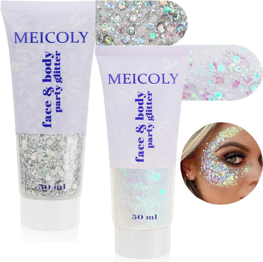 MEICOLY 2pcs Body Glitter,White Silver Face Glitter Gel,Mermaid Sequins Singer Concerts Festival Rave Accessories,Chunky Glitter Face Paint for Eye Lip Hair,Sparkling Glitter Gel for Women,100ml