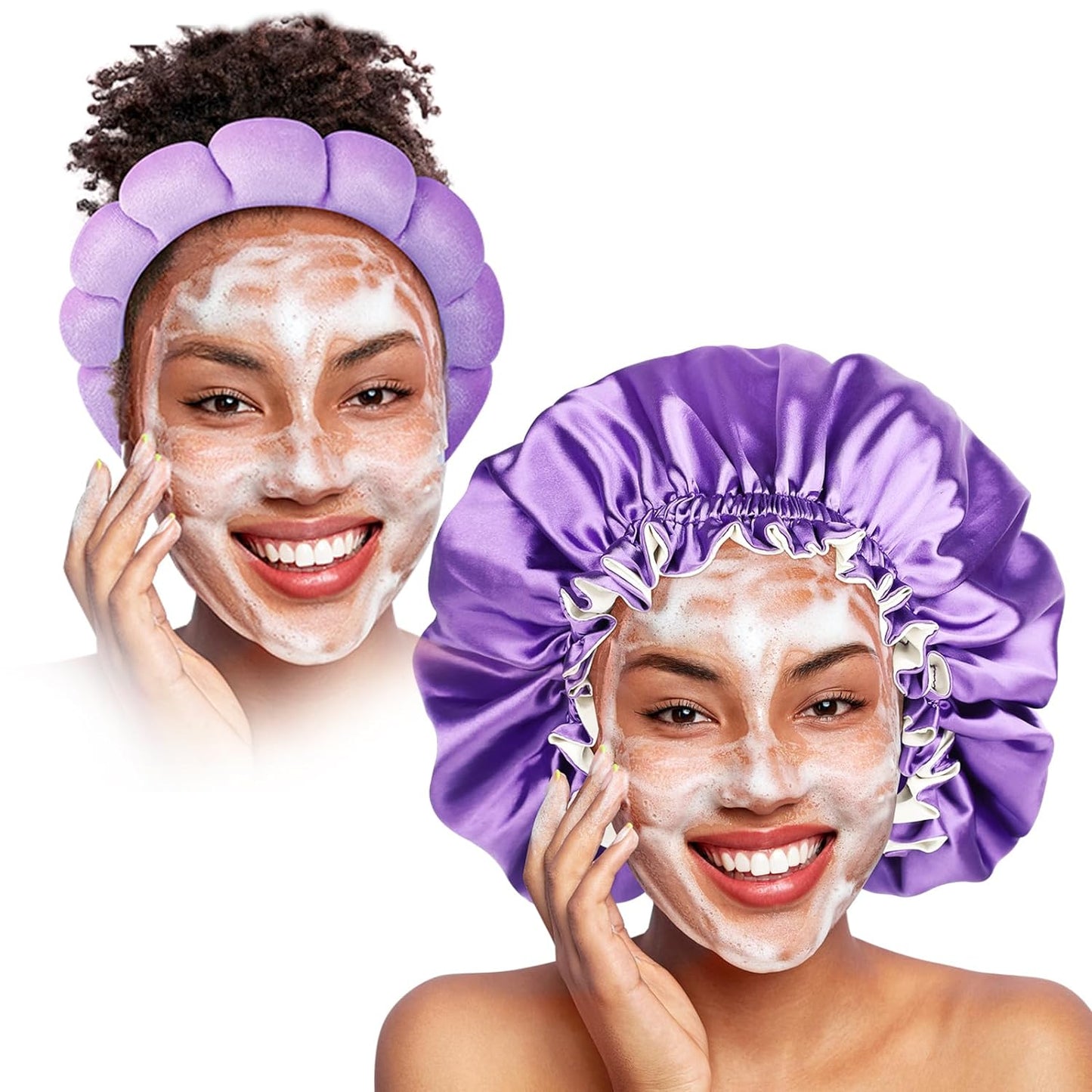 Silk Satin Bonnet for Sleeping, Satin Bonnet with Spa Headband Set for Women Girls Washing Face, Facial Makeup,Skincare(Purple)