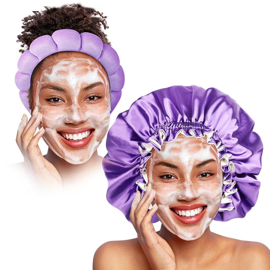 Silk Satin Bonnet for Sleeping, Satin Bonnet with Spa Headband Set for Women Girls Washing Face, Facial Makeup,Skincare(Purple)