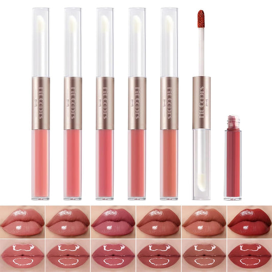KIMIEYE 6 Colors Liquid Lipstick with Clear Lip Gloss Set, Long Lasting Waterproof Lip Tint Stain with Shimmer Oil for Natural Lip Look, Dual-ended Design, Matte Finish, Non-sticky, 0.8 fl oz