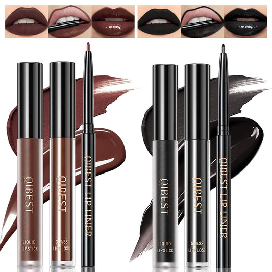 NewBang Black Brown Matte Lipstick and Lipliner Set,Liquid Lip Stain Lipgloss Liner Nude Moisturizing Nourishing Non-Stick Cup Velvety Waterproof Lightweight for Women and Girls Halloween Goth Makeup