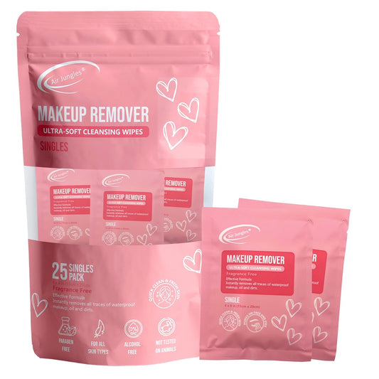 Air Jungles Makeup Remover Wipes Singles 25 Count, Fragrance-Free, Gentle Removes Makeup and Oil, Ultra-Soft Cleansing Wipes, Alcohol Free, Large 6" x 8" Unfolded Wipe Size