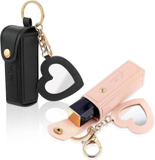 2pcs PU Leather Potable Chapstick Holder Key Chain Bulk with Mirror, Lipstick Pouch, Mini Bag Balm Lip For Women Gift for Travel, Party, Holiday Gifts(Pink and Black)