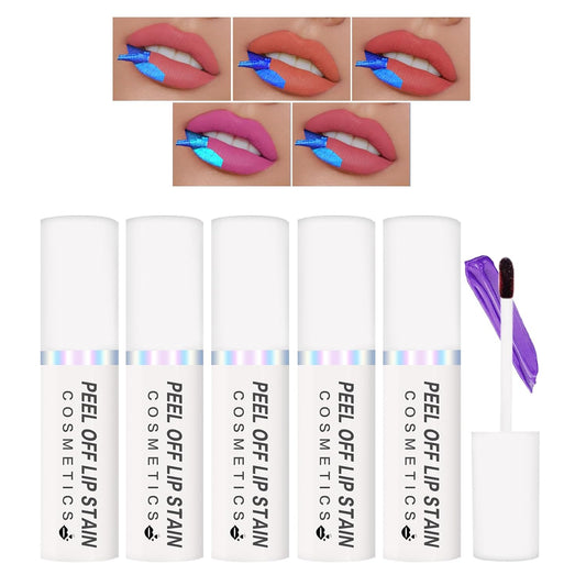 QIUFSSE 5Pcs Peel Off Lip Stain Lip Tint Set Matte Nude Liquid Lipstick Long-lasting Waterproof Lip Gloss Non-stick Cup Lip Tint Stain Lip Makeup for Women Girls