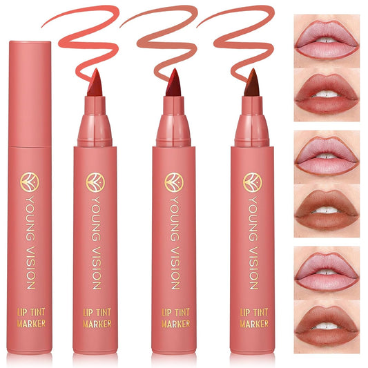 HOSAILY 3 Colors Lip Stain Pen, Matte Nude Lip Tint Stain Marker Liquid Lip Liner Pen, Long Lasting Hydrating Natural Lipstick Pen, Waterproof Quick Drying Precise Chisel Tip Marker Lip Makeup -Set A