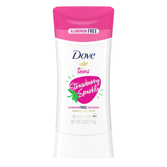 Dove Teens Deodorant Stick Strawberry Sparkle, for gentle underarm care, 48-hour odor protection and aluminum free deodorant, 2.6 oz