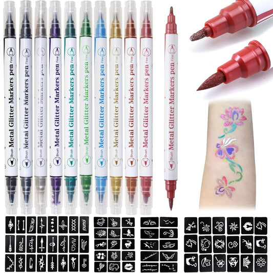 Erinde Temporary Tattoo Markers for Skin, 10 Colors Body Marker Pen + 67 Large Tattoo Stencils for Kids and Adults, Skin-Safe Dual-End Tattoo Pens Make Bold and Fine Lines for Body & Face Paint