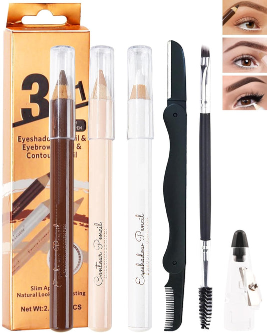 Eyebrow Pencil Brow Lift Highlighting Pencil Contour Pen Set-3 Pcs Long Lasting Waterproof Eye Makeup Pencil, Highlighter Stick for Women, Fill and Defined Brow, with Sharpener & Brow Tool-Light Brown