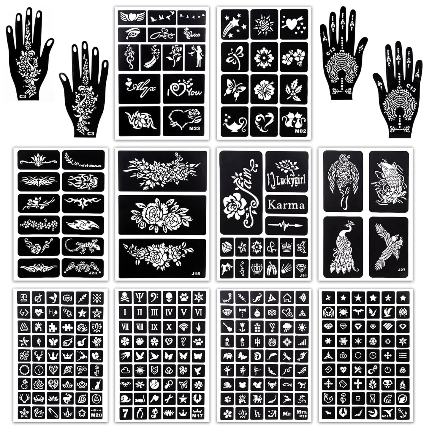 MCPINKY 283PCS Henna Tattoo Stencil Kit, 12 Sheets Temporary Glitter Semi Permanent Tattoo for Women and Girls Arabian Realistic Tattoo Stickers Airbrush Face Paint Body Art