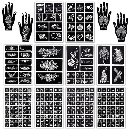 MCPINKY 283PCS Henna Tattoo Stencil Kit, 12 Sheets Temporary Glitter Semi Permanent Tattoo for Women and Girls Arabian Realistic Tattoo Stickers Airbrush Face Paint Body Art
