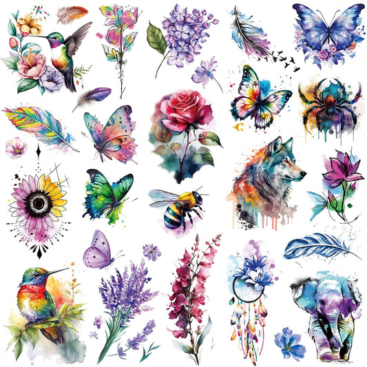 8 Sheets Large 3D Watercolor Temporary Tattoos For Women Girls-Colorful Flower Hummingbird Butterfly Realistic Long Lasting Fake Tattoo Stickers Waterproof Tattoos For Women Adult Body Art