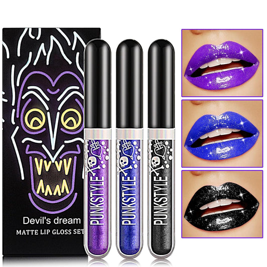 3Pcs Black Blue Purple Liquid Glitter Lipstick Lip Stain,Glitter Diamond Shining Lipgloss Matte Glitter Liquid Lipsticks Gift Set Long Lasting Waterproof Lip Gloss Set Halloween Makeup Lipsticks for Women
