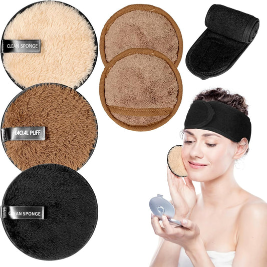 PHOGARY Washable Makeup Remover Pads, 6 Pack Large Reusable Face Pads, Facial Pads Makeup Remover Rounds, Make Up Remover Pads for Face with Spa Headbands, Microfiber Makeup Eraser Cloth for Eyes