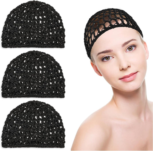 3PCS Crochet Hair Net, Hair Wrap Net, Silk Press Hair Wrap Net, Hair Nets Cap Soft Reusable Crocheted Sleep Cap for Women, Hair Wrap for Sleep Hair Silk Tidy (Black)