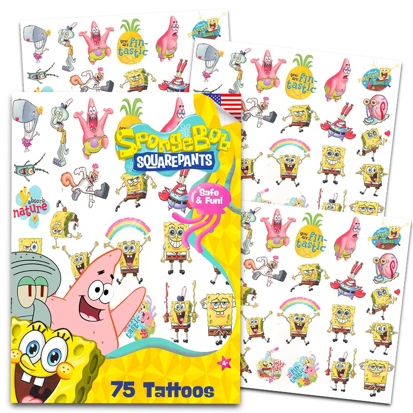 Spongebob Squarepants Temporary Tattoos for Kids and Adults - 75 Spongebob Tattoos For Party Favors Goodie Bags and More (Spongebob Party Supplies Bundle)