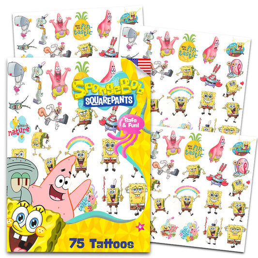 Spongebob Squarepants Temporary Tattoos for Kids and Adults - 75 Spongebob Tattoos For Party Favors Goodie Bags and More (Spongebob Party Supplies Bundle)