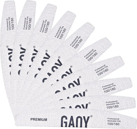 GAOY 10Pcs Nail File, Professional Half-Moon Shaped 100/180 Grit Double Sides Washable Emery Boards Manicure Tools for Acrylic and Gel Nails