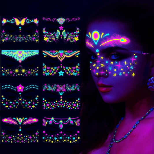 Glow in The Dark Tattoos Stickers, Fake Face Temporary Tattoos Makeup UV Neon Floral Body Paint Tattoo Stickers Decorations for Adults Girls Women Festival Bar Party Supplies 8PCS
