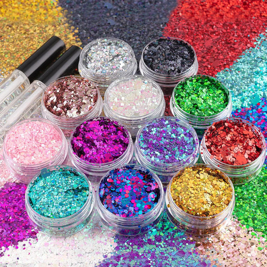 12 Colors of Holographic Chunky Glitter with Quick Dry Glue, 12 Pots Total 120g Multi-Shaped for Body Hair Face Eyes Make-up, Nail Art and Bedazzling in Party/Concert/Events Glitter