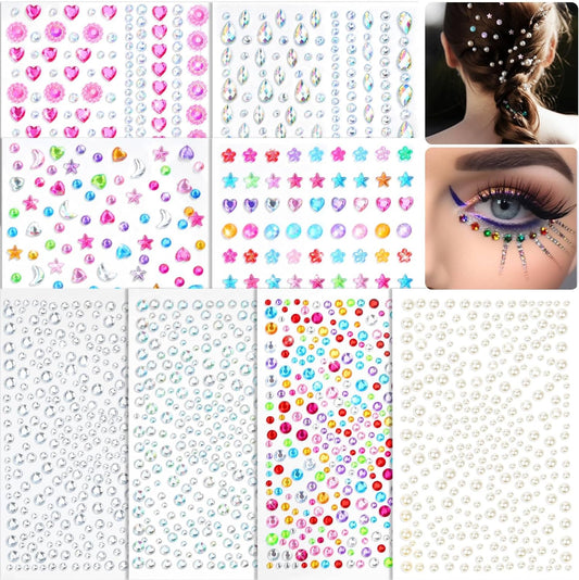 Shynek Face Gems Self Adhesive Face Rhinestones for Makeup Festival Eye Jewels, Stick On Pearls Hair Gems, Pearl Rhinestones Stickers for Face, Hair, Eye, Makeup, Nail, Body