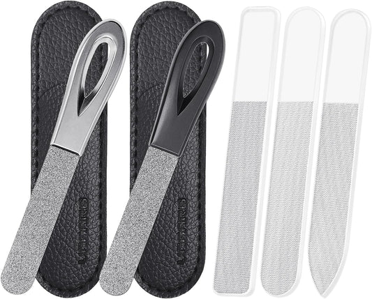 3pcs Glass Nail File and 2pcs Metal Nail Files Set for Natural Nails,3.6'' Pocket Size Manicure Pedicure Grooming for Finger & Toe Nail Care(5pcs Set)