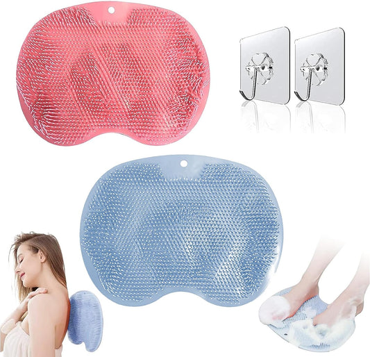 Foot Scrubbers for Use in Shower, Wall Mounted Back Scrubber Silicone Bath Massage Cushion Brush with 2 Free Non-Slip Suction Cup, Bathroom Wash Foot Mat Improve Skin Exfoliation (PinkBlue)
