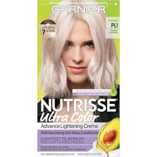 Garnier Hair Color Nutrisse Ultra Color Nourishing Creme, PL1 Lightest Platinum (Coconut) Permanent Hair Dye, 1 Count (Packaging May Vary)