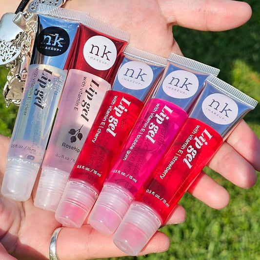 5 Pack Variety Set of Nicka K Lip Gels With Viatmin E - Clear, Rosehip, Strawberry, Cherry, and Bubble Gum Hydrating Lip Glosses