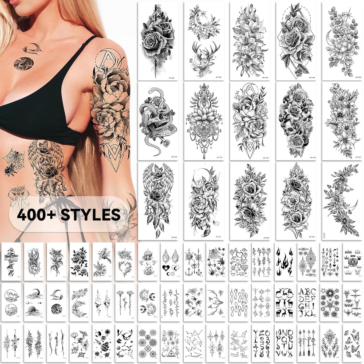 400+ Trendy Styles Realistic Temporary Tattoos for Women, Long Lasting and Large Temporary Tattoos for Adults, Half Arm Tattoos Sleeves Fake Tattoos for Girls (79 Sheets)