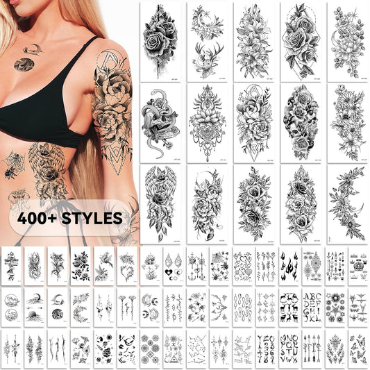 400+ Trendy Styles Realistic Temporary Tattoos for Women, Long Lasting and Large Temporary Tattoos for Adults, Half Arm Tattoos Sleeves Fake Tattoos for Girls (79 Sheets)