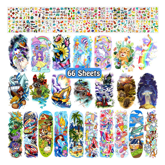 Partywind 66 Sheets Kids Full & Half Arm Temporary Tattoos Sleeves, Fake Tattoo Stickers with Dinosaur/Pirate/Cars for Boys, Unicorn/Butterfly/Mermaid Tattoos for Girls, Kids Gifts Party Supplies