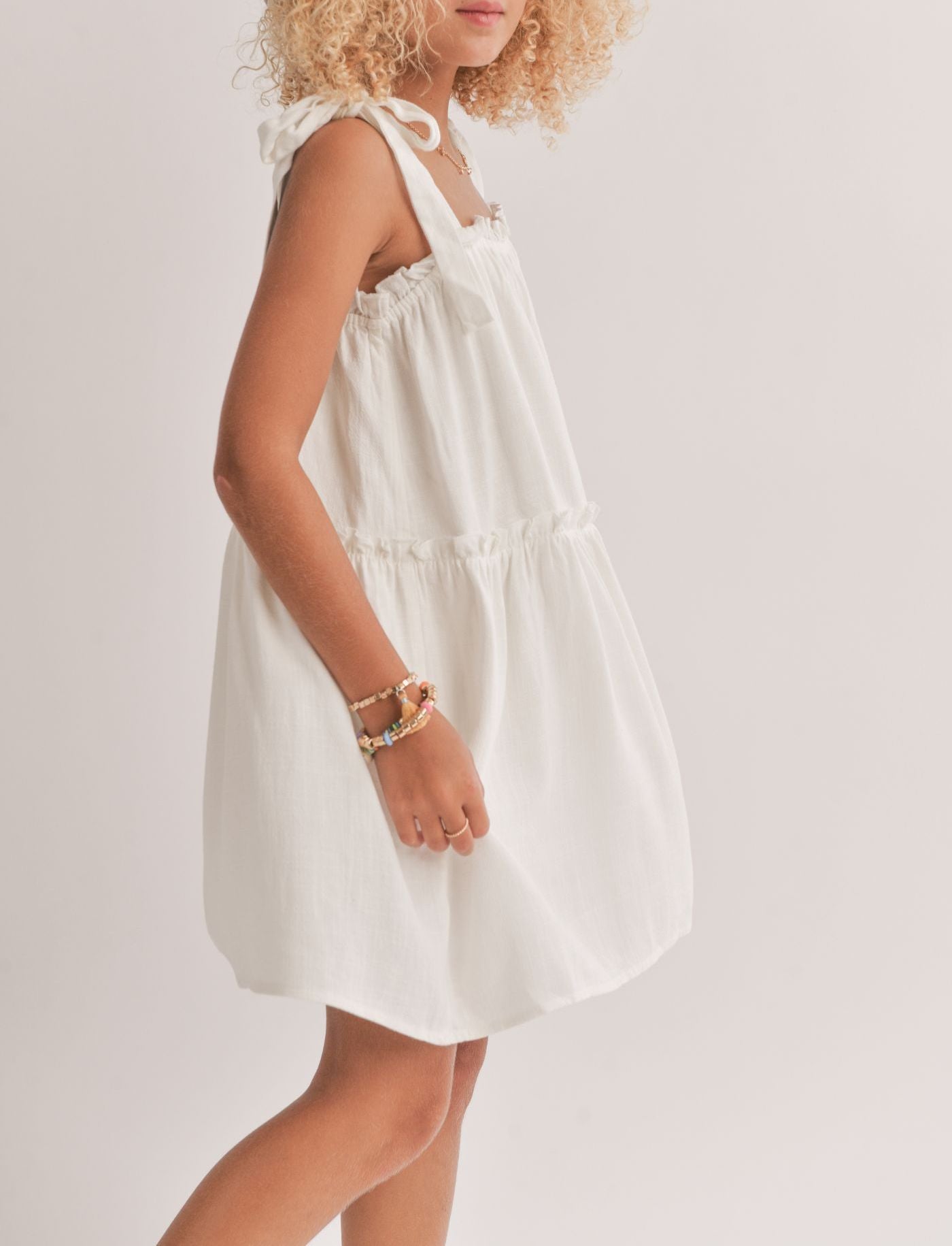 Tween Sugarloaf Tiered Dress w/Tie Straps, White