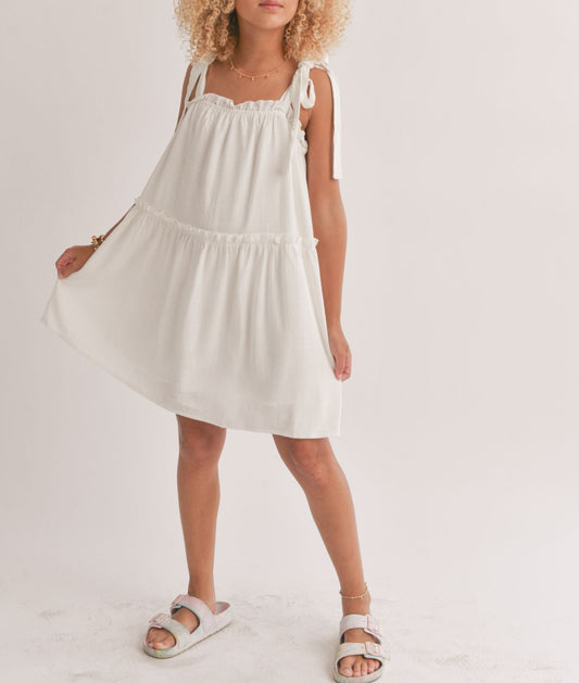 Tween Sugarloaf Tiered Dress w/Tie Straps, White
