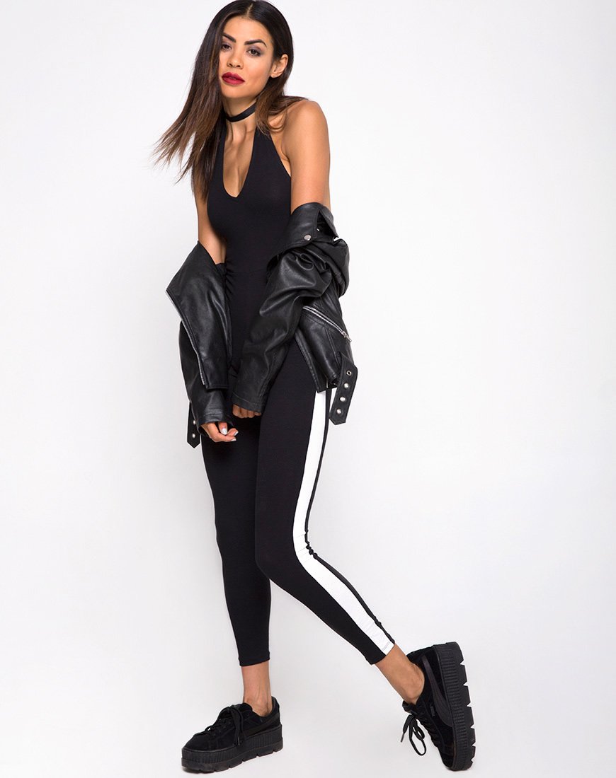 Beripe Plunge Unitard in Black with White Stripe