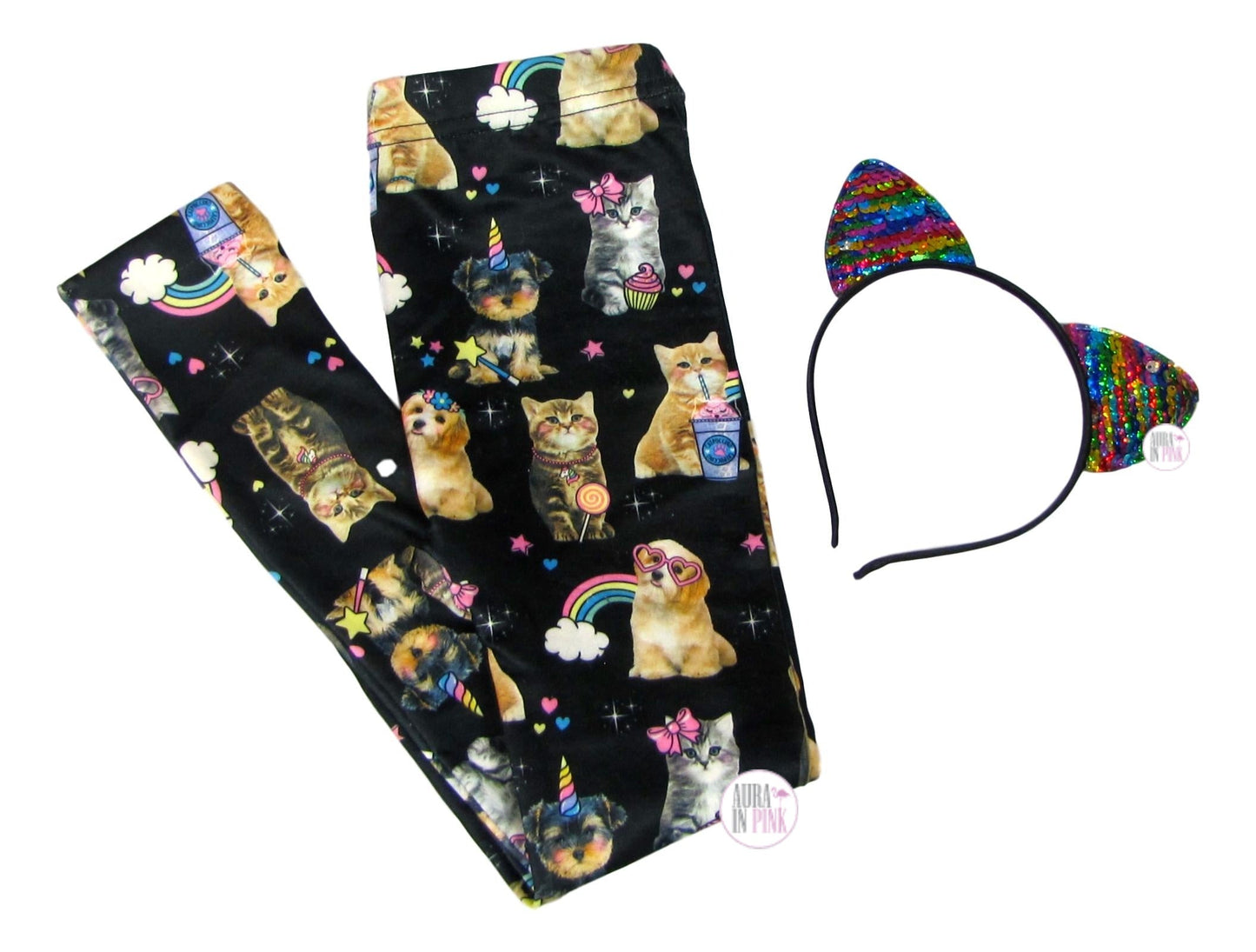 Capelli New York Fabulous Catpuccino & Puppycorn Super-Soft Kids Leggings w/Sequin Headband
