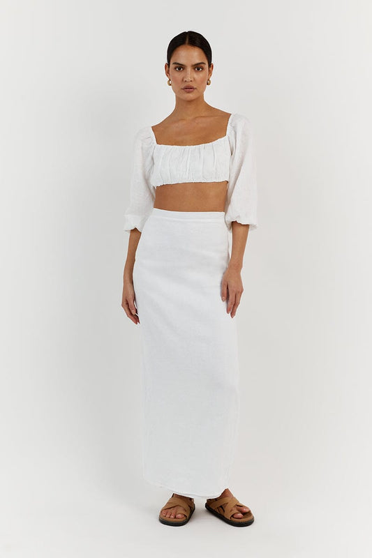 LILAH SLEEVED WHITE LINEN CROP TOP Clothing DISSH Boutiques 12 WHITE