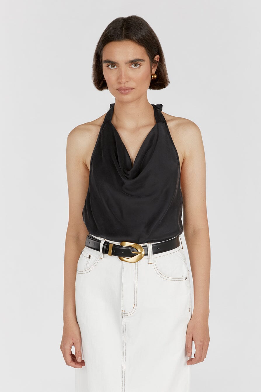 AIMEE BLACK SILK COWL NECK TOP