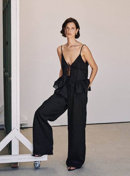 MIMI BLACK LINEN TIE FRONT TOP Clothing DISSH Boutiques 8 BLACK