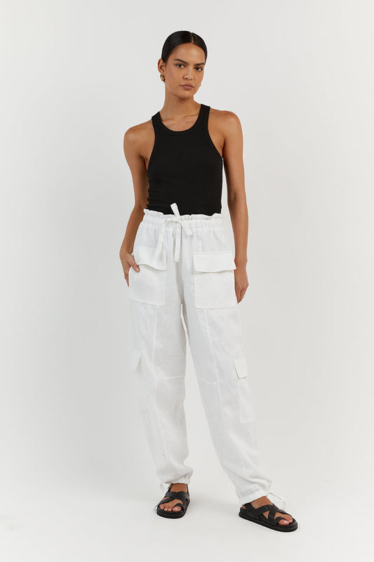 ISLA WHITE LINEN CARGO PANT Clothing DISSH Boutiques 12 WHITE