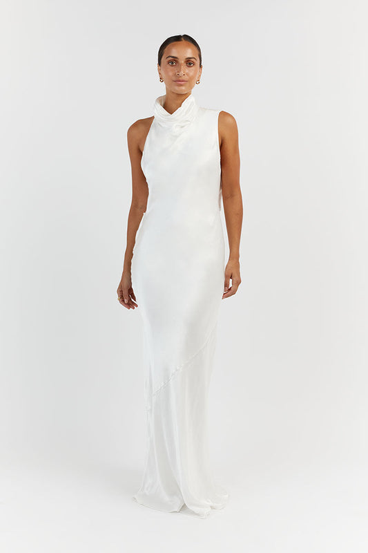 AISLE WHITE SATIN BACKLESS MIDI DRESS Clothing DISSH Boutiques 16 WHITE