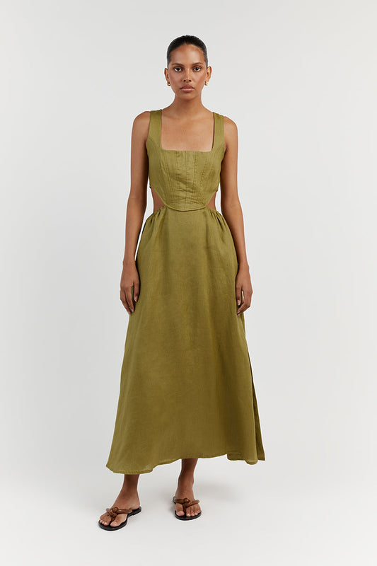 JOEY OLIVE LINEN CORSET MIDI DRESS Clothing DISSH Boutiques 16 OLIVE