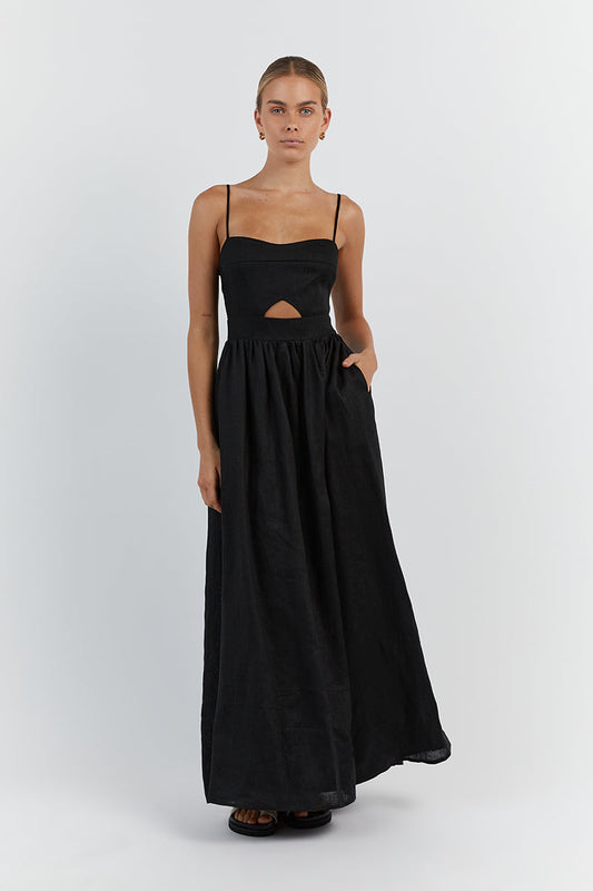 HARPER BLACK LINEN MIDI DRESS Clothing DISSH Boutiques 14 BLACK