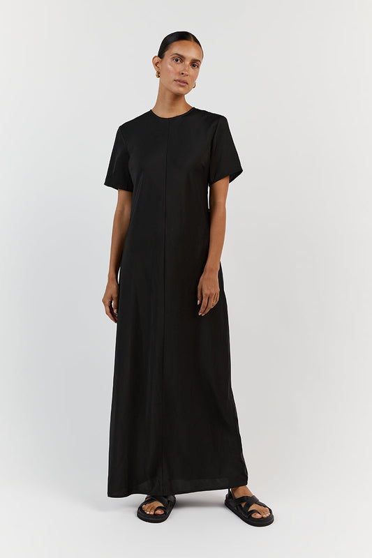 BLOOM BLACK SATIN SLEEVE MIDI DRESS Clothing DISSH Boutiques 12 BLACK