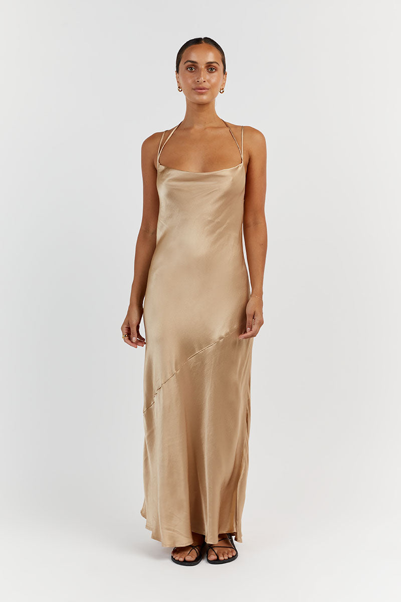 CHARLI GOLD SATIN MIDI DRESS Clothing DISSH Boutiques 14 GOLD