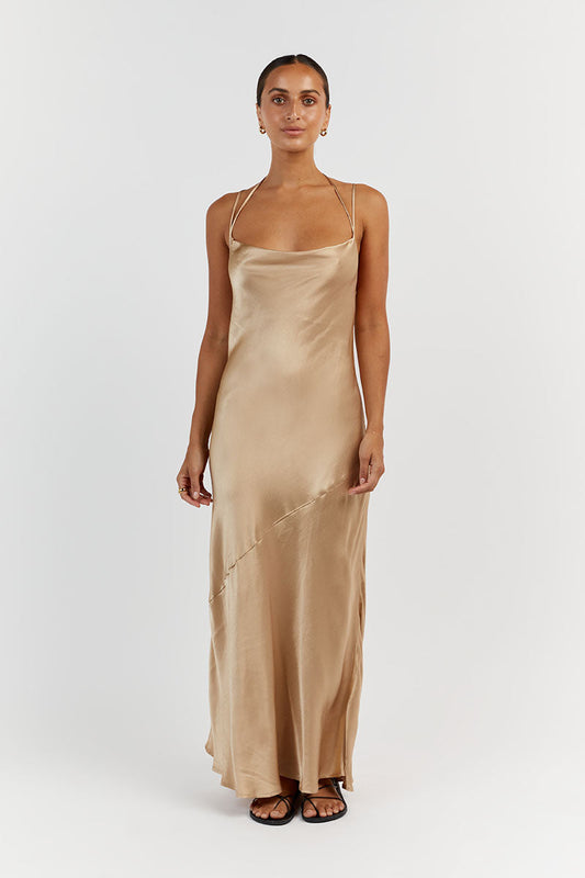 CHARLI GOLD SATIN MIDI DRESS Clothing DISSH Boutiques 14 GOLD