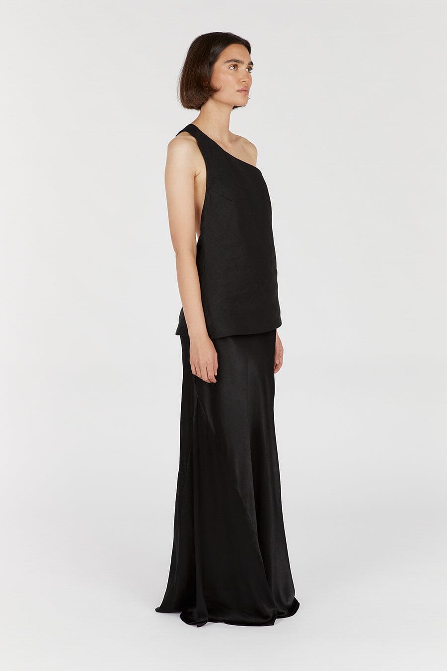 ADDISON BLACK LINEN ASYMMETRIC TOP