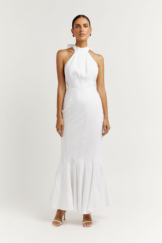 AISLE WHITE LINEN HIGH NECK DRESS Clothing DISSH Boutiques 16 WHITE